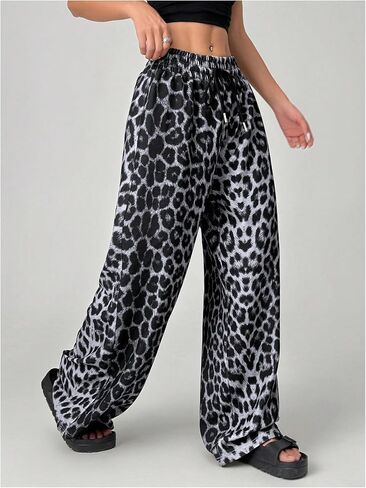 MakeMeChic Women's Leopard Print Drawstring Waist Sweatpants Loose Fit Wide Leg Jogger Pants in Kuwait