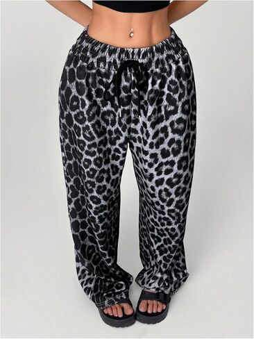 MakeMeChic Women's Leopard Print Drawstring Waist Sweatpants Loose Fit Wide Leg Jogger Pants in Kuwait