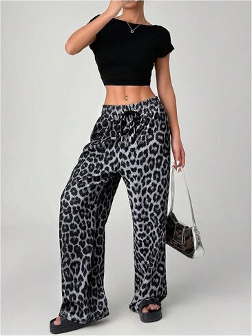 MakeMeChic Women's Leopard Print Drawstring Waist Sweatpants Loose Fit Wide Leg Jogger Pants in Kuwait