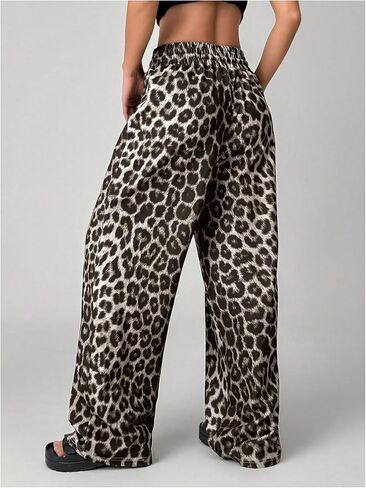 MakeMeChic Women's Leopard Print Drawstring Waist Sweatpants Loose Fit Wide Leg Jogger Pants in Kuwait