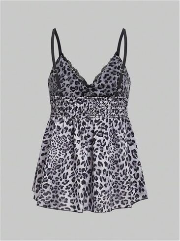 Women's Leopard Print Flared Ruffle Shirred Camisole Tops Loose Lace Trim Spaghetti Strap Cami Shirts in Saudi Arabia