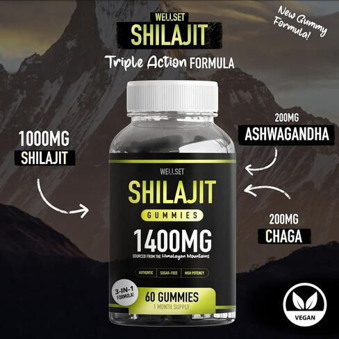 Shilajit Gummies 1400mg with Ashwagandha & Chaga, Fulvic & Humic Acid, Iron & Calcium, 100% Natural Himalayan Shilajit, Supports Energy, Immunity & Mental Clarity, Sugar-Free, 60 Gummies in Saudi Arabia
