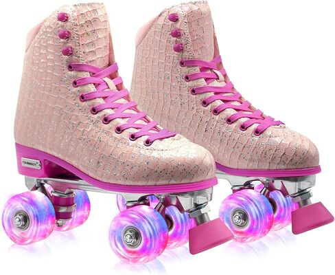 Roller Skates for Women Girls and Kids, Light Up Wheels - Quad Outdoor PU Leather High-Top Design Derby Rollerskates for Beginners Youth Sizes 2 3 4 5 6 7 8 9 10 11 in Kuwait