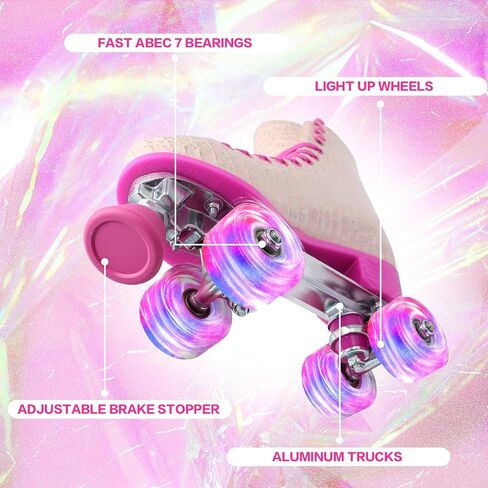 Roller Skates for Women Girls and Kids, Light Up Wheels - Quad Outdoor PU Leather High-Top Design Derby Rollerskates for Beginners Youth Sizes 2 3 4 5 6 7 8 9 10 11 in Kuwait