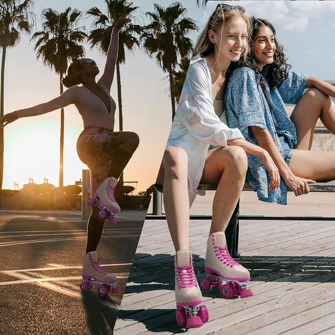 Roller Skates for Women Girls and Kids, Light Up Wheels - Quad Outdoor PU Leather High-Top Design Derby Rollerskates for Beginners Youth Sizes 2 3 4 5 6 7 8 9 10 11 in Kuwait