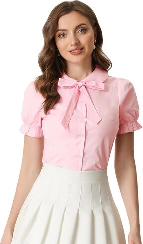 Allegra K Women's Vintage Peter Pan Collar Tie Neck Casual Cute Cotton Button-Up Shirt in Saudi Arabia