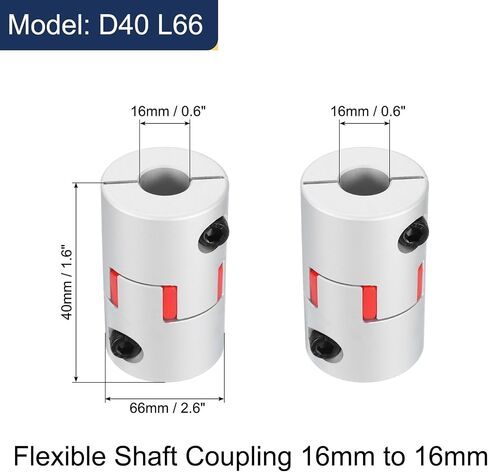 uxcell 2pcs D40 L66 16 مم إلى 16 مم عمود البرقوق المرن اقتران محرك الألومنيوم موصل العنكبوت المرن لآلة CNC للطابعة ثلاثية الأبعاد ومحرك متدرج مؤازر (لون فضي/أحمر) in Saudi Arabia