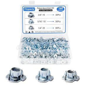 Yinpecly T Nuts 1/4"-20, 5/16"-18, 3/8"-16, (168 Pack) Zinc Plated Carbon Steel T-Nut, 4 Pronged Tee Blind Nuts, Threaded Inserts for Wood, Rock Climbing Holds, Cabinetry, Furniture