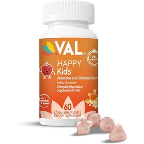 VAL Chewable Magnesium for Kids, Relaxation and Calm Formula, Glycinate, Citrate, Taurate, Vitamin B6, D, C, Natural Blueberry Flavor, Sugar Free, Gluten Free, Non-GMO, 60 Chewable Tablets
