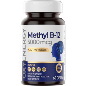 OXYENERGY Vitamin B12 Supplement, Extra Strength Methyl B-12 5000mcg with Folate, Supplement to Support Nerves, Energy Metabolism & Cognitive Support,60 Capsules,60 Days Supply