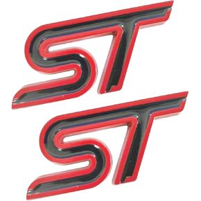 1Pcs Metal Chrome Front Grille ST Car Emblem + 1Pcs Metal Chrome ST Logo Auto Racing Sport Badge for Focus Edge Escape Fiesta (Silver RED)