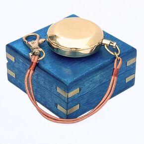 Handmade Nautical Small Brass Compass Navigational Instrument Ship Compass Hiking Camping Marine Navy Collection Blue Wooden Box