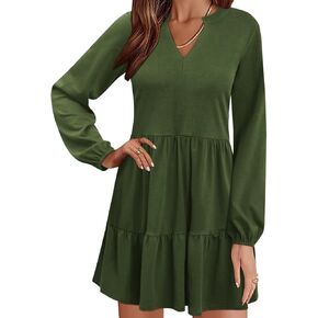 QACOHU Women Fall Tunic Dress 2024 V Neck Casual Tiered Long Sleeve Fit with Pockets A-Line Swing Mini Babydoll Dress