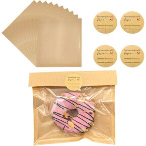 50 Pcs Bakery Bags with Window，Heat Sealable Cookie Bags，7.5 x 7.1 Inches Sandwich Bags with Stickers, Pastry Bags,Donut Bags Used for Bread, Snacks,Baked Goods Packaging
