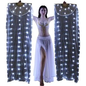 Aumulen Women 1 Pair Hand Made Belly Dance LED Fan Veil 1.8M Long Bamboo Silk Fans (Pure white)