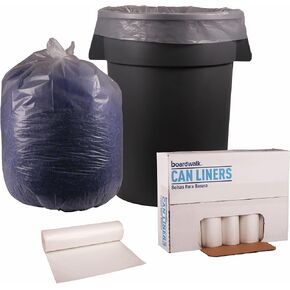 Boardwalk Recycled Low-Density Polyethylene Can Liners, 60 Gallon Garbage Bags, 1.1 mil, 38" x 58", Clear, 10 Bags/Roll, 10 Rolls/Carton