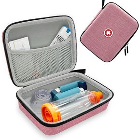 Hard Travel Case for Asthma Inhaler, Inhaler Spacer Case for Kids and Adults, Masks, Asthma Accessories Case with Mesh Pocket for Medicine and Other Accessories, Pink (Case Only)