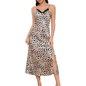ALCEA ROSEA Womens Sexy Silky Satin Long Nightgown lace V Neck Sleepwear Sleep Dress Sleeveless for Women Elegant Lingerie