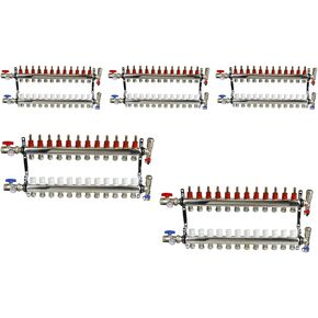 Midline Valve NQT112-5 PEX Manifold 1/2 in. for Radiant Heating System; with Valves, Vents, Gauges, and Mounting Brackets; Stainless Steel; 12 Port (5 Pack)