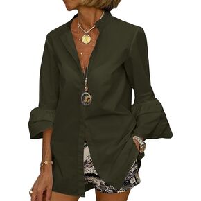 LYANER Women's Flare Long Sleeve Stand Collar Button Down Blouse Shirt Top in Kuwait