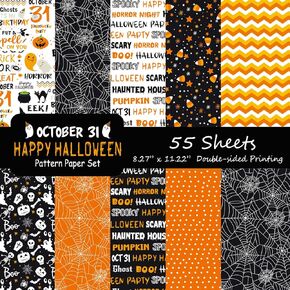 Morcheiong 55 Sheets Halloween Pattern Paper Decorative Paper Double-Sided for Card Making Scrapbook Photo Album Decor, 10 Designs (Orange, 5.5*8.27 inches)