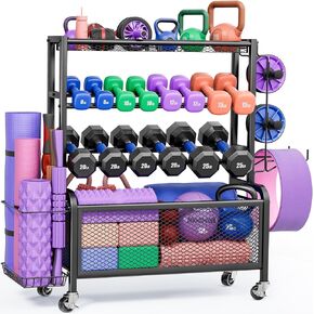 Dumbbell Rack - Weight Rack for Dumbbells Yoga Mat Storage Racks, Home Gym Storage for Dumbbells Kettlebells Yoga Mat and Balls, All in One Workout Storage with Wheels