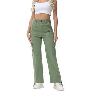 GUNLIRE Cargo Pants Women High Waist Baggy with 6 Pockets Y2K Wide Leg Stretch Straight Fit Elastic Slacks Streetwear