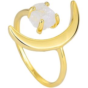 Dtja Crescent Moon Adjustable Open Band Ring for Women Girls 14K Gold Plated Statement Artificial Purple Crystal Stone Finger Rings Comfort Fit Fashion Birthday Wedding Valentine Jewelry Gift
