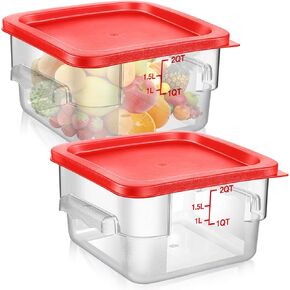Suclain 2 Pcs Square Food Storage Container Polycarbonate Clear Food Container with Red Lid Commercial Food Storage with Red Graduations for Commercial Kitchen (11 x 12.4 inches)