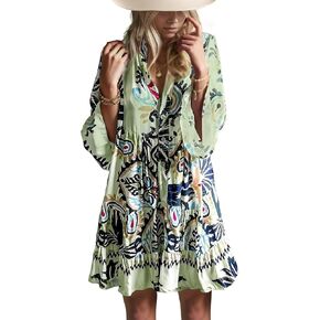 Womens 2024 Trendy Casual Mini Dress V Neck Bell Sleeve Ruffle Flowy Tiered Pleated Dress Summer Boho Dress