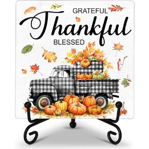 Fall Harvest Desk Decor, Thanksgiving Wooden Sign Gifts for Women Men, Let Our Lives Be Full Of Both Thanks And Giving Plaque With Iron Stand, Farmhouse Home Office Autumn Decorations -19 in Kuwait