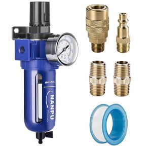 NANPU 3/8" NPT Compressed Air Filter Regulator, Zinc Alloy, 5 Micron Brass Element, 0-150 psi Gauge, Quick Release Bowl, Manual Drain, Metal Bracket