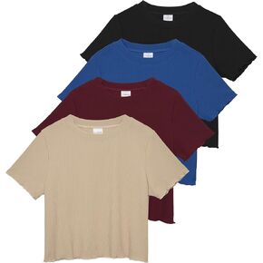 Real Essentials 4 Pack:Women's Lettuce Trim Ribbed Knit Short Sleeve Crop Tops Shirts Casual Summer Going Out T-Shirts