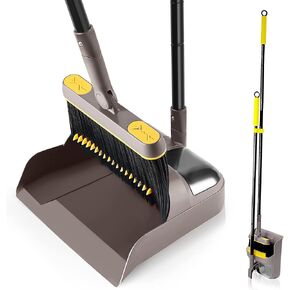 Broom and Dustpan Set for Home with 54 Inches Long Handle, Upright Stand Up Dust Pan with Teeth, 180 Degree Swivel Head Broom for Home Kitchen Lobby Room Office Floor Indoor Outdoor