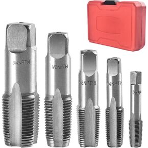 5-Pieces NPT Pipe Tap Set, 3/4", 1/2", 3/8", 1/4", 1/8" NPT Taps Carbon Steel Pipe Tap Set for Clean Accurate Threads with Storage Case Perfect for Plumbers Mechanics DIYers