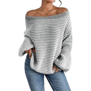SKAYS Off The Shoulder Sweater Fall Striped Pullover Knit Sweaters for Women Long Sleeve Lightweight Drop Shoulder Tops
