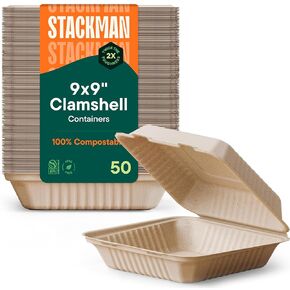 100% Compostable To Go Containers 9x9" Clamshell Take Out Food Container with Hinged Lid - Disposable Togo Plates - Biodegradable Eco-Friendly Takeout Box Made of Sugar Cane Bagasse [50-Pack]