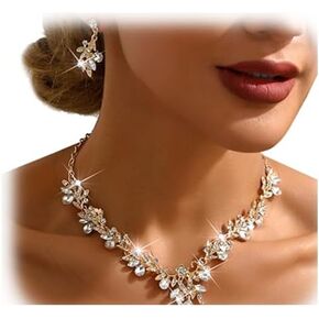 Rhinestone Flower Necklace Sets for Wedding Brides Crystal Floral Collar Necklace Earrings Set Rhinestone Statement Necklace Earrings Jewelry for Women Costume Accessories
