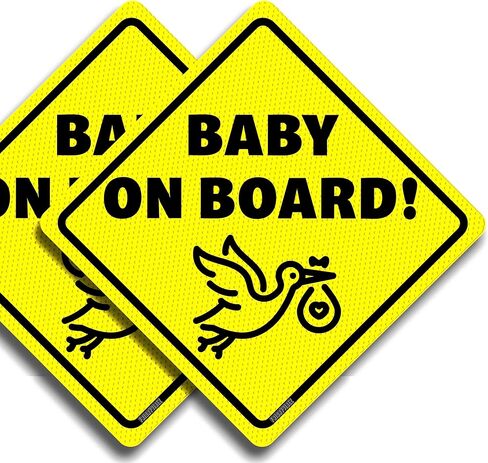 Baby On Board Sticker Sign - Essential for Cars - 2 Pack, 5.5" by 5.5" - Bright Yellow and See-Through On Window - Best Safety Signs - No Need for Suction Cup or Magnet - Durable and Strong Adhesive in Saudi Arabia