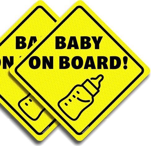 Baby On Board Sticker Sign - Essential for Cars - 2 Pack, 5.5" by 5.5" - Bright Yellow and See-Through On Window - Best Safety Signs - No Need for Suction Cup or Magnet - Durable and Strong Adhesive in Saudi Arabia