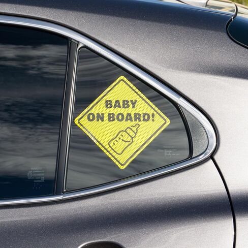 Baby On Board Sticker Sign - Essential for Cars - 2 Pack, 5.5" by 5.5" - Bright Yellow and See-Through On Window - Best Safety Signs - No Need for Suction Cup or Magnet - Durable and Strong Adhesive in Saudi Arabia