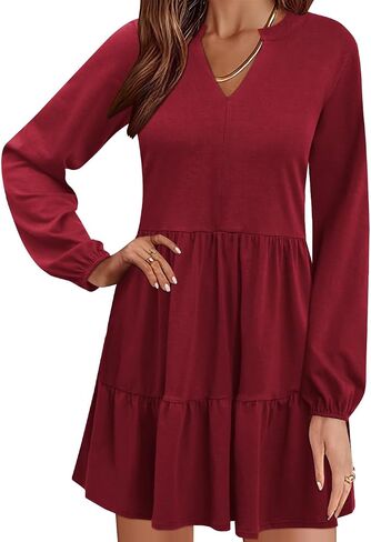 QACOHU Women Fall Tunic Dress 2024 V Neck Casual Tiered Long Sleeve Fit with Pockets A-Line Swing Mini Babydoll Dress in Saudi Arabia