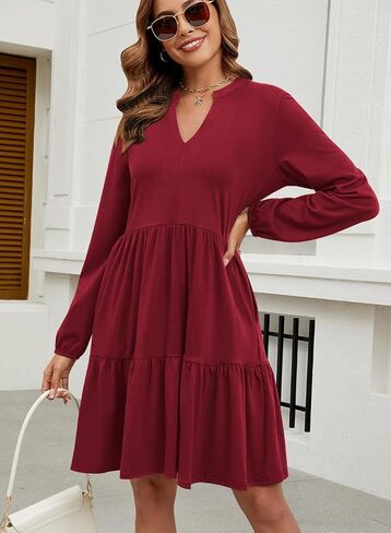 QACOHU Women Fall Tunic Dress 2024 V Neck Casual Tiered Long Sleeve Fit with Pockets A-Line Swing Mini Babydoll Dress in Saudi Arabia