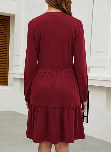 QACOHU Women Fall Tunic Dress 2024 V Neck Casual Tiered Long Sleeve Fit with Pockets A-Line Swing Mini Babydoll Dress in Saudi Arabia