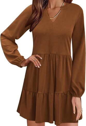 QACOHU فستان نسائي خريفي 2024 رقبة على شكل V كاجوال متدرج كم طويل مناسب مع جيوب على شكل حرف a سوينغ فستان بيبي دول صغير in Kuwait