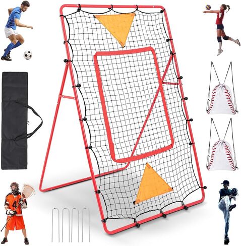 3-in-1 Pitch Back Baseball Rebounder 6 x 3.65 ft Adjustable Bounce Back Return Volleyball Rebounder Pitching Net with 2 Pcs Baseball Bag for Softball Lacrosse Volleyball, Red in Saudi Arabia