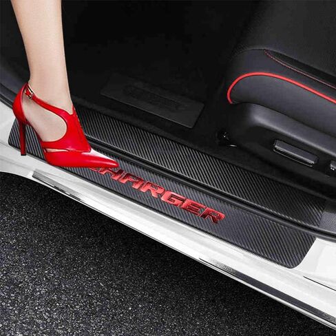 XITER لسيارة دودج تشارجر 2011-2024 من ألياف الكربون الجلدية لعتبة باب السيارة لوحة حماية عتبات دخول الباب وملحقات قطع غيار السيارات 4 قطع - أحمر in Kuwait