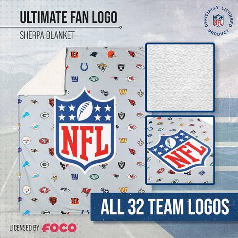 FOCO NFL Ultimate Football Fan All Team Logo Sherpa Blanket - 50"x60" - Soft Warm Cozy - Officially Licensed (NFL - Team Color) in Saudi Arabia
