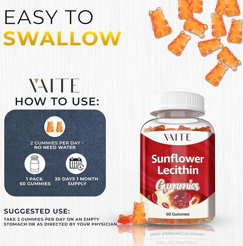 علكات ليسيثين عباد الشمس 800 ملغ - نباتية، غير معدلة وراثيًا، خالية من الصويا والغلوتين - تدعم التغذية اليومية، مضغ سهل الهضم للبالغين، مكمل للرضاعة، دعم صحي طبيعي - 60 علكة نباتية in Kuwait