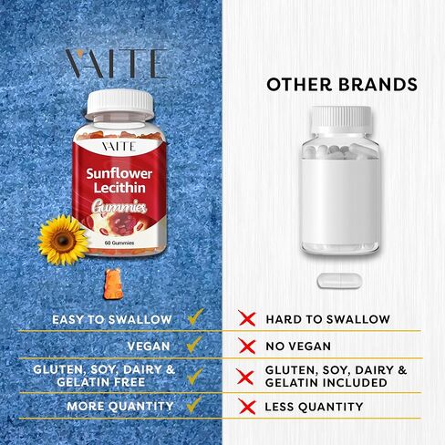 علكات ليسيثين عباد الشمس 800 ملغ - نباتية، غير معدلة وراثيًا، خالية من الصويا والغلوتين - تدعم التغذية اليومية، مضغ سهل الهضم للبالغين، مكمل للرضاعة، دعم صحي طبيعي - 60 علكة نباتية in Kuwait